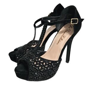 De Blossom Collection T-Strap Elegant Black Peep-Toe High Heel Pump Sandal